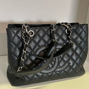 CHANEL GST Chain Tote Black Leather Caviar Silver